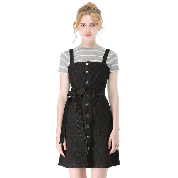 Women's Classic Adjustable Strap A-Line Overall Denim Dress Black - Picture 2 of 6